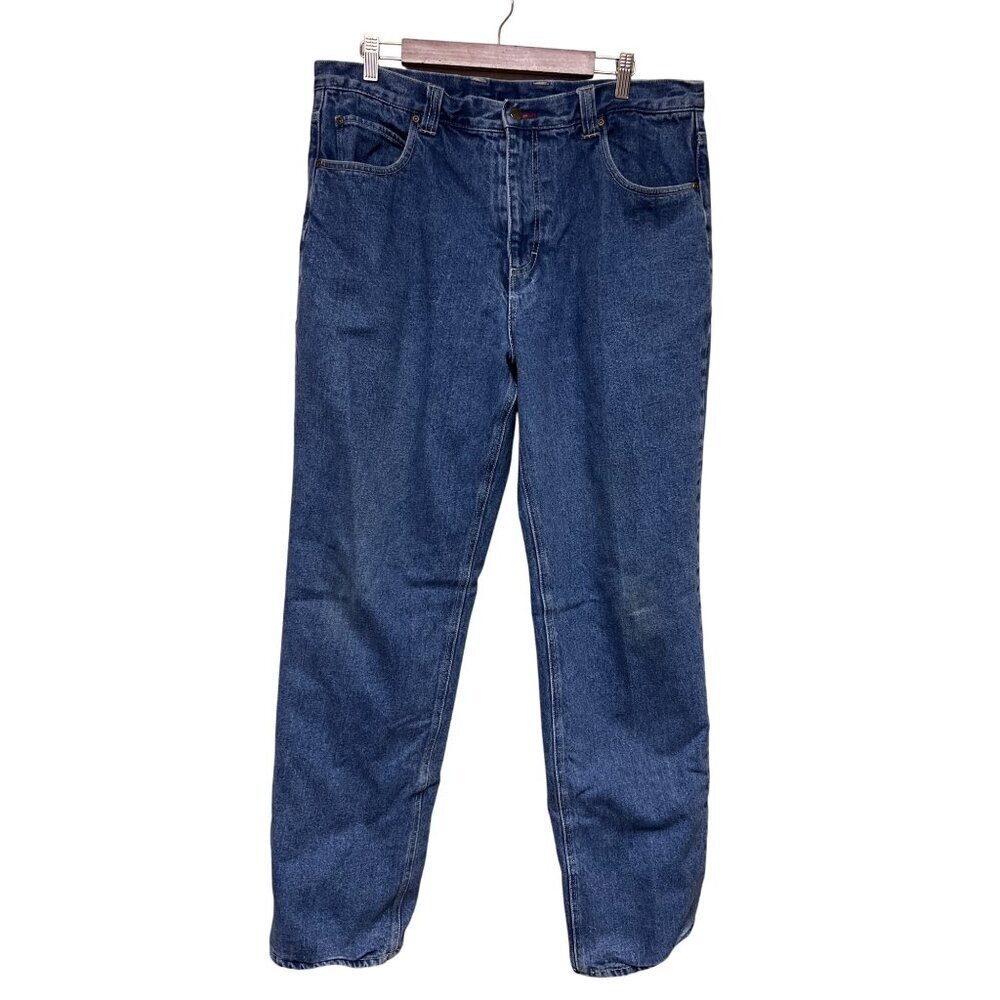 Woolrich Men's Flannel Lined Denim Blue Jeans Red Plaid Size 36 Winter Outdoors